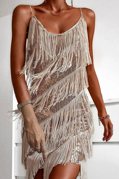 namcoverse Sequined Unusual Tiered Tassel Mini Dress