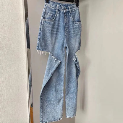 Women's Jeans 23ss Mm6 Margiela Washed Blue Knife Cut Hole Trousers High Street Fashion MM6 Denim Pants 230918