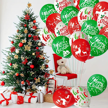 18pcs Christmas Party Balloon Set - 12" Green, Red & White Latex with Reindeer & Tree Prints for Festive Decorations