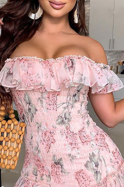 storexq Floral Print Strap Shirred Sweet Off Shoulder Ruffle Mini Dress