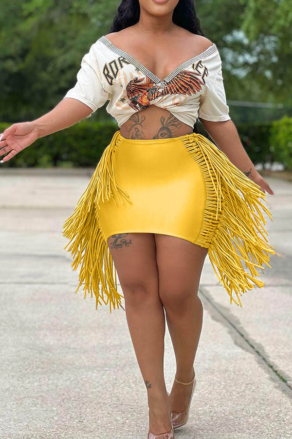 storexq Solid Color Stylish Side Cutout Tassel Skirt