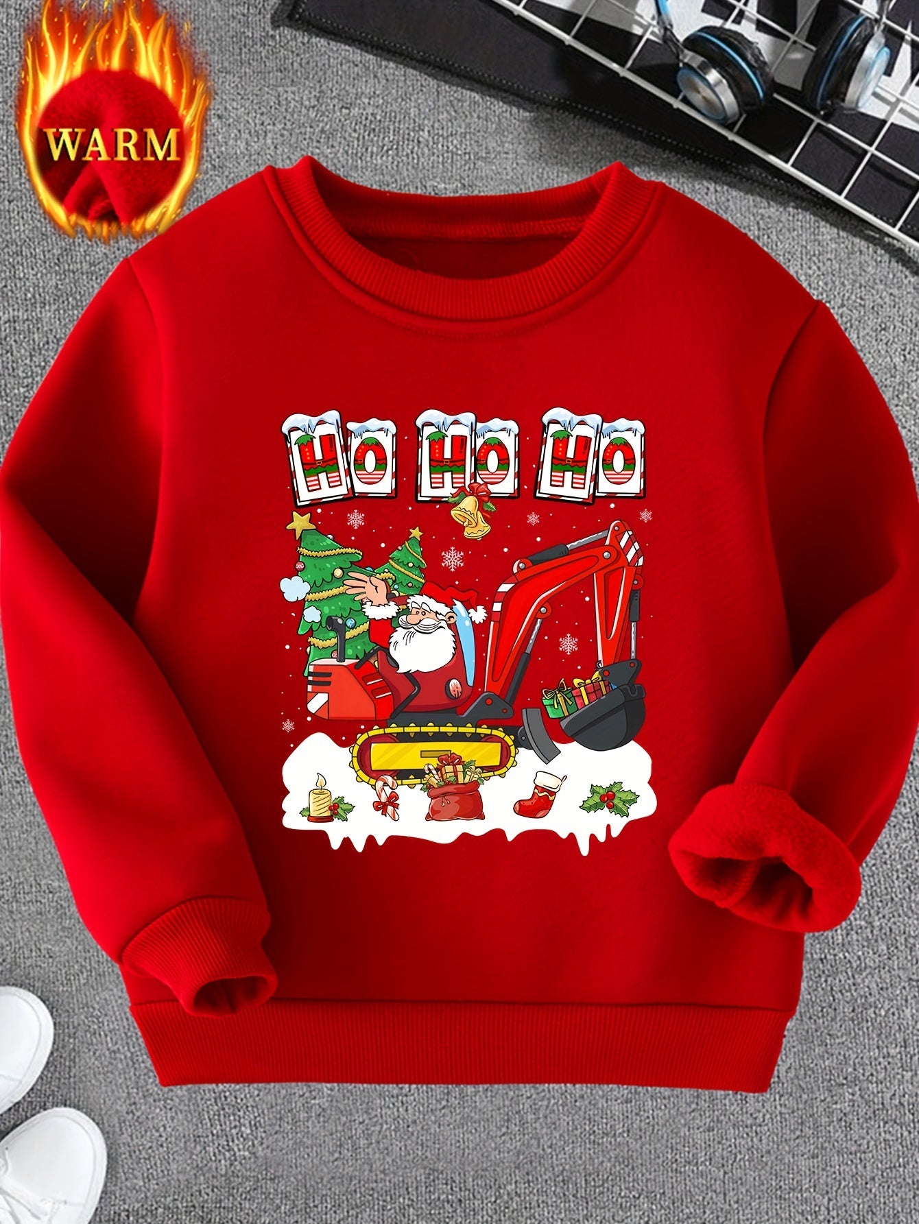 Chicfull Christmas Sweatshirt with Santa Claus And Excavator Print - Casual Style, Round Neck, Stretch Fabric, Letter Pattern, All Seasons - Polyester, Knitted, Regular Fit - for Christmas, Boys