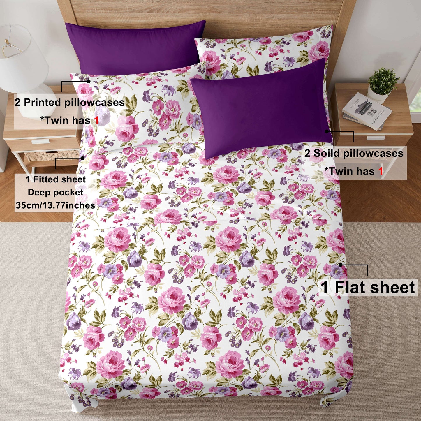 4/6 pcs Vibrant Floral Pattern Microfiber Bed Sheet Set - Soft, Breathable, Hypoallergenic, and Wrinkle-Resistant - Includes 1/2 Solid and 1/2 Printed Pillowcases, Deep Pocket Fitted Sheet, and Flat Sheet - Perfect for Bedroom, Guest Room, Hotel, and All-