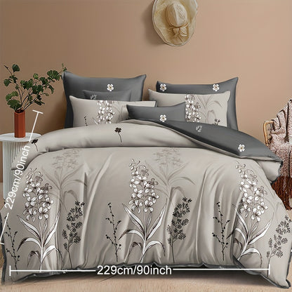 3-Piece Soft Grey Plant Printed Duvet Cover Set - Comfortable, Breathable, and Hypoallergenic Bedding for Bedroom and Guest Room - Includes 1 Duvet Cover and 2 Pillowcases, Without Core, Perfect for Ramadan