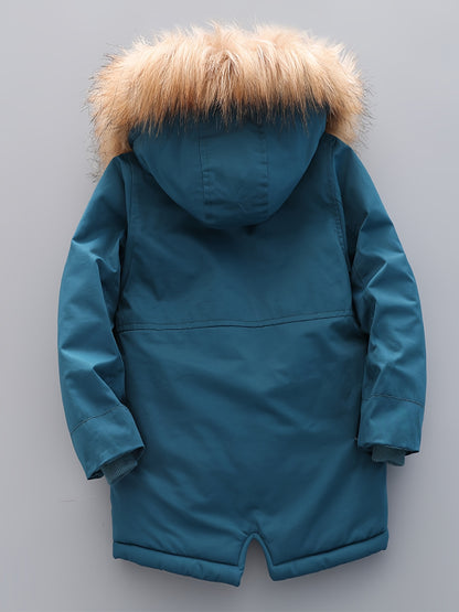 Boy's Trendy Plush Warm Lining Jacket, Long Sleeve Coat With Hat And Pockets For Autumn And Winter Outdoor Activities