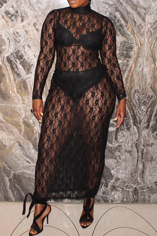 namcoverse Solid Color Lace Lowkey See-Through Maxi Dress