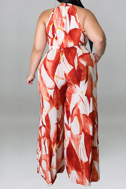 storexq Leaf Print Elegant Belted Wide Leg Jumpsuit