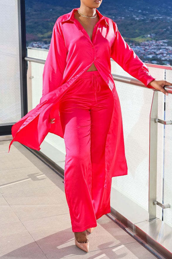 storexq Solid Color Relaxed Side Split Pant Suit