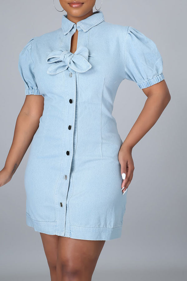 storexq Solid Color Girly Tie Front Denim Mini Dress