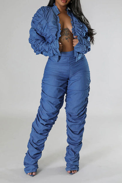 storexq Solid Color Unique Ruched Pant Suit