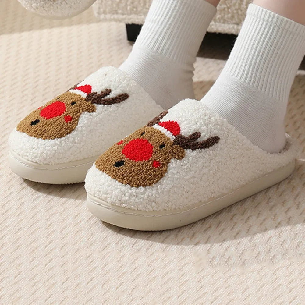 Christmas Deer Slippers Women Men Soft Warm Plush Cozy Slippers Indoor Home Anti Slip Fuzzy Winter Shoes Slip-On House Slippers