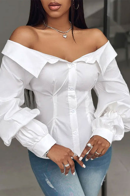 storexq Solid Color Off Shoulder Chic Puff Sleeve Blouse