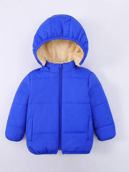 Baby's Solid Color Fuzzy Lining Quilted Jacket With Detachable Hood, Warm Zip Up Padded Coat, Baby Boy's Clothing For Fall Winter