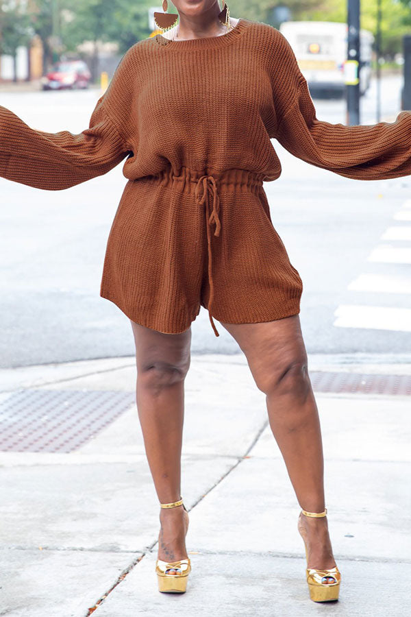 storexq Solid Color Knitted Classic Drawstring Romper