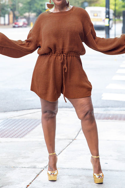 storexq Solid Color Knitted Classic Drawstring Romper