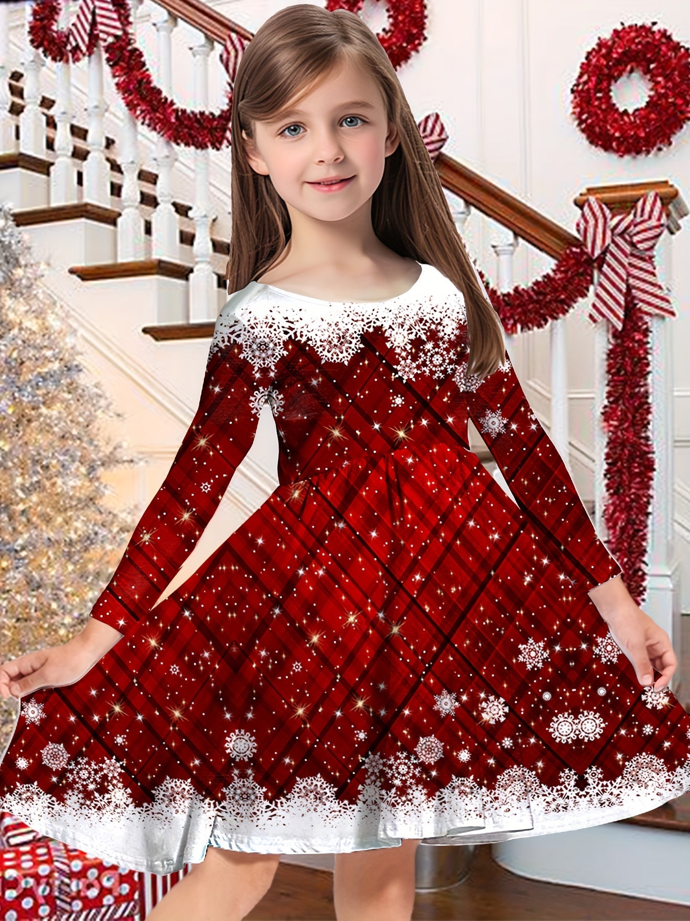 Stunning Plaid & Snowflake Print Long Sleeve Christmas Dress - Red Festive Party Wear for Girls - Winter Holiday Outfit for Special Occasions