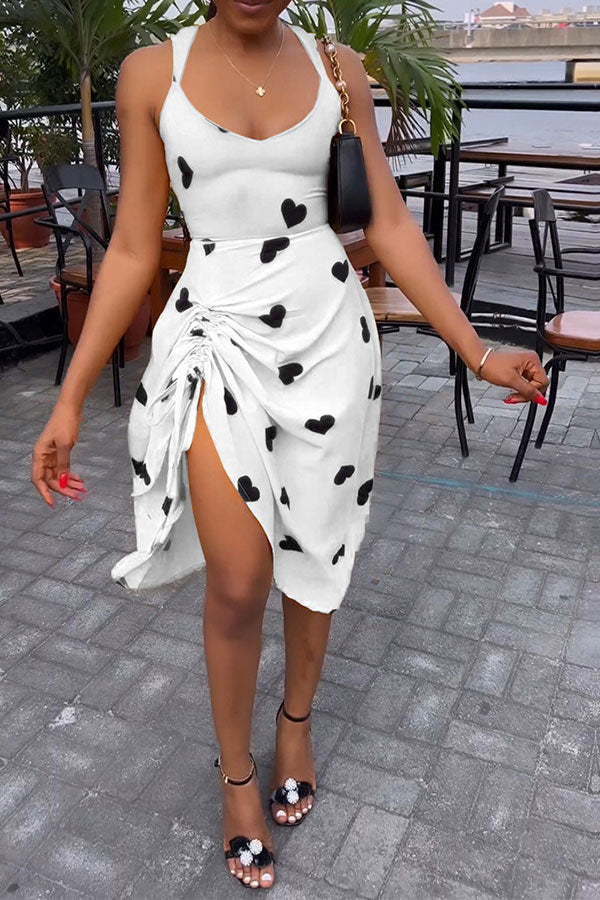 namcoverse Heart Print Sweet Tie Back Drawstring Midi Dress