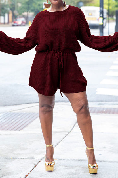 storexq Solid Color Knitted Classic Drawstring Romper