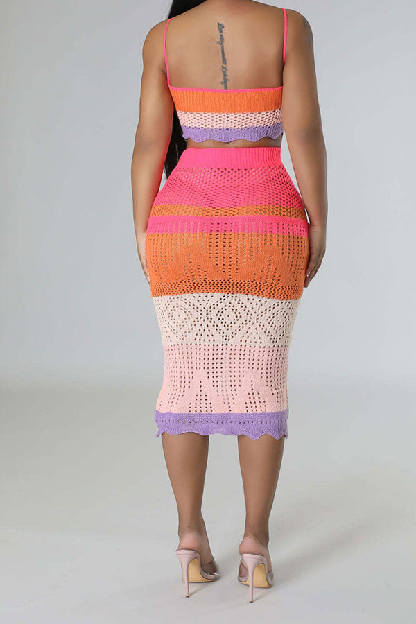 storexq Color Block Tropical Knitted Cutout Dress Suit