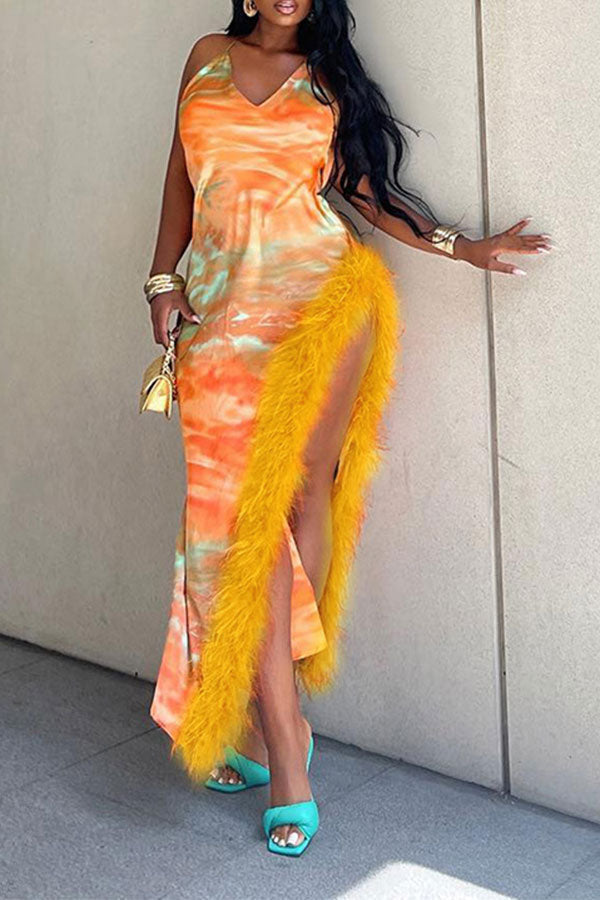 storexq Tie Dye Rocking Feather High Split Midi Dress