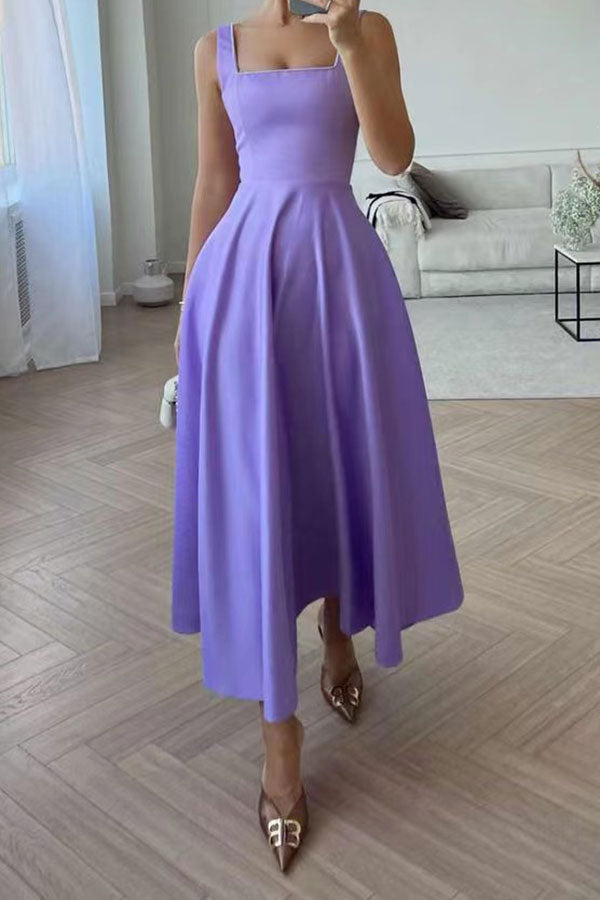 storexq Solid Color Simple Swing Pleated Midi Dress