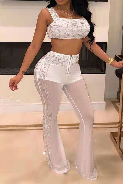 storexq Rhinestone Patchwork Hot See-Through Pant Suit