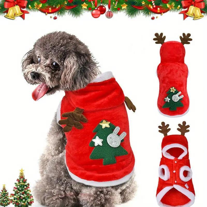 1pc Festive Christmas Dog Costume with Hood - Red Knit Polyester Pullover with Snap Button Closure - Medium Breed - Reindeer Antlers & Green Tree Design - Winter Holiday Apparel for Small to 2XL Dogs