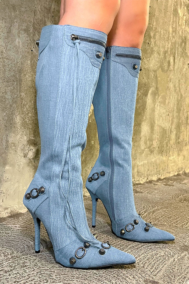 storexq Rivet & Tassel Design Cool Pointed Toe Denim Boots