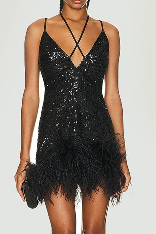 storexq Sequined Luxe Lace-Up Feather Hem Mini Dress