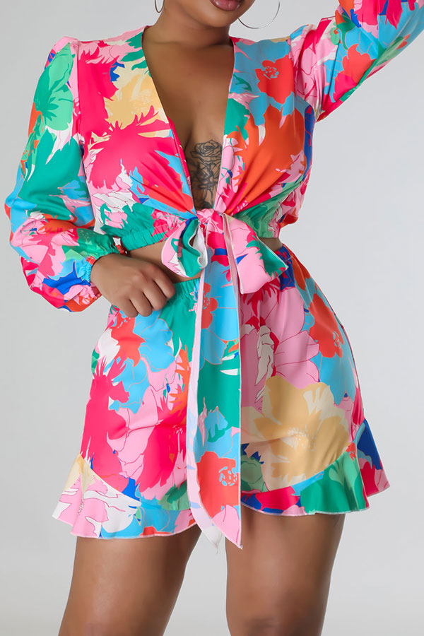 storexq Floral Print Cute Tie Front Pant Suit