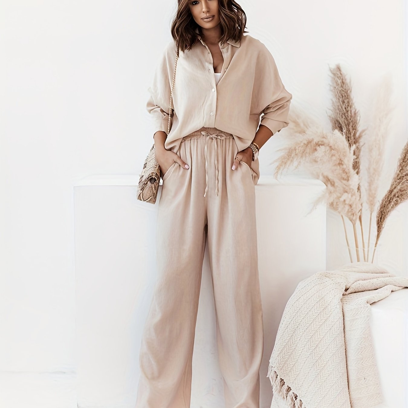 Two-Piece Solid Color Casual Outfit - Long Sleeve Lapel Collar Shirt & High Waist Wide Leg Pants Set with Drawstring Details - Polyester Knit Fabric, Mid Elasticity, Spring/Fall Wear