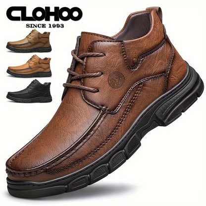 CLOHOO Mid-Top Mens Solid Ankle Shoes - Wear-Resistant Anti-Skid PU Upper Lace-Up Shoes with Round Toe Cap for Casual Daily Outdoor Use - Breathable PU Insole, Rubber Sole, and All-Season Versatility