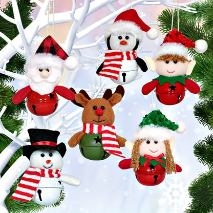 6-Pack Festive Christmas Tree Ornaments, Fabric Fabric Snowman, Reindeer, Santa Claus, Elf, Jingle Bells, Contemporary Style, No Power Needed, Home Decor Accessories