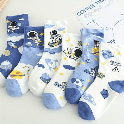 8 Pairs Of Kid's Fashion Cute Astronaut Pattern Crew Socks, Comfy & Breathable Soft & Elastic Sport Socks For Spring And Summer