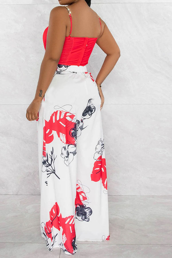 storexq Floral Print Chain Strap Stunning Wide Leg Pant Suit