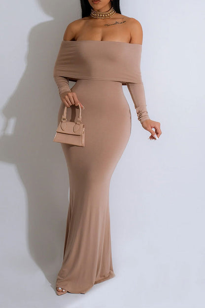 storexq Solid Color Off Shoulder Simple Maxi Dress