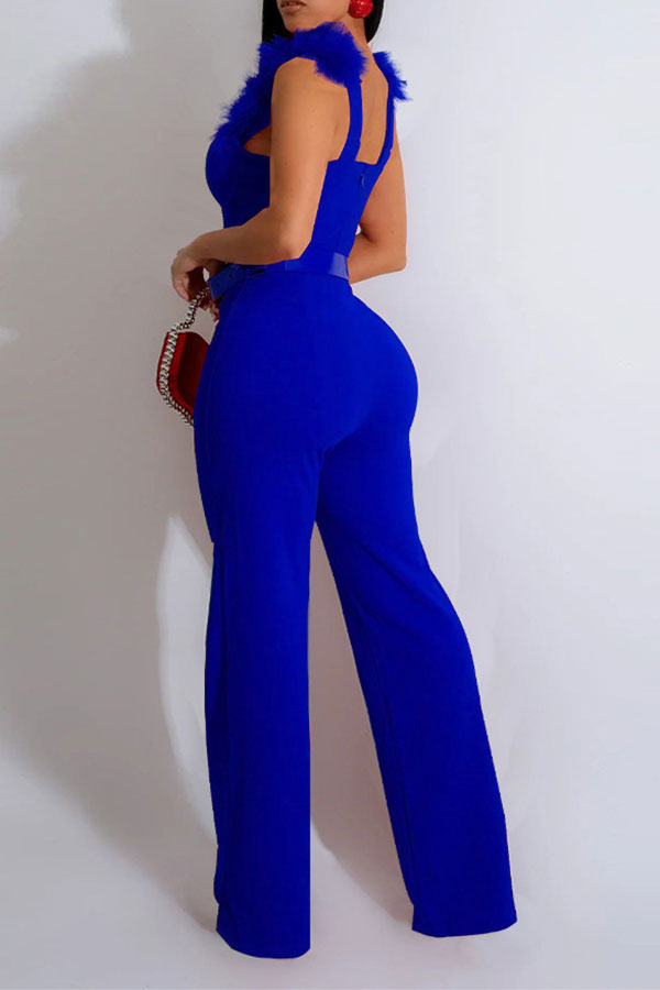 storexq Feather & Rhinestone Strap Glamorous Belted Jumpsuit