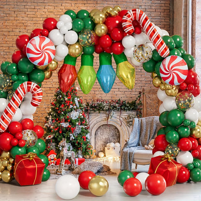 125pcs Christmas Balloon Garland Kit - Festive Red, Green & Golden Latex with Light Bulb & Candy Accents for Holiday Parties and New Year's Eve Decorations