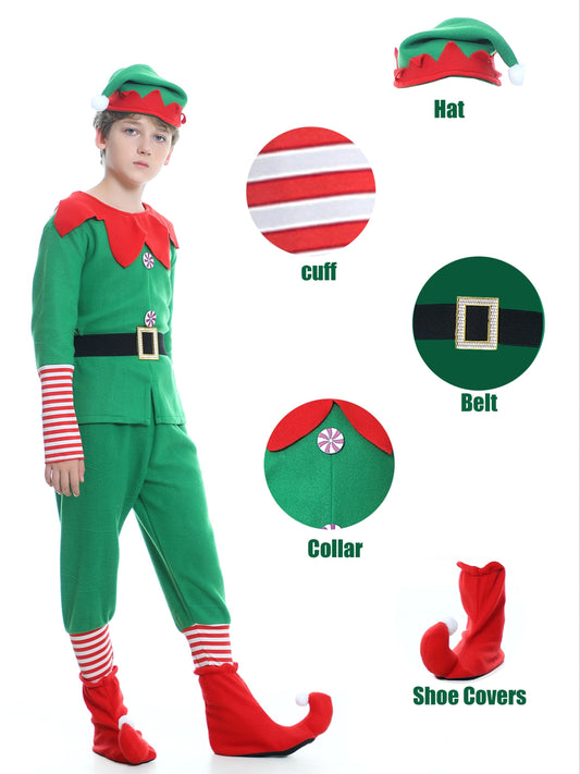 5-Piece Kids' Festive Christmas Elf Costume Set - Santa's Little Helper Outfit for Girls and Boys - Includes Hat, Top, Pants, Belt, and Shoe Covers for Dress-Up and Carnival Fun