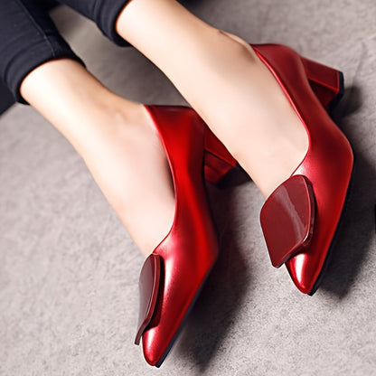 Chic Square Buckle Pumps - Solid Color Pointed Toe Design - Comfortable Chunky Heels for All-Occasion Stylish Work Wear