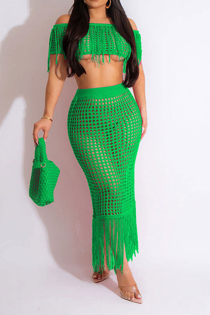 storexq Crochet Hollow-Out On-trend Tassel Skirt Suit Beachwear