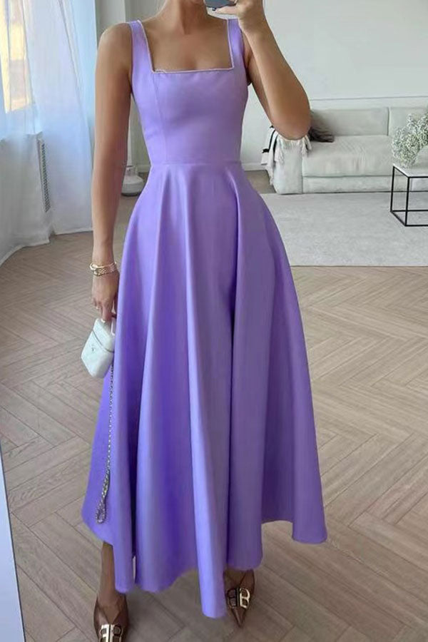 storexq Solid Color Simple Swing Pleated Midi Dress