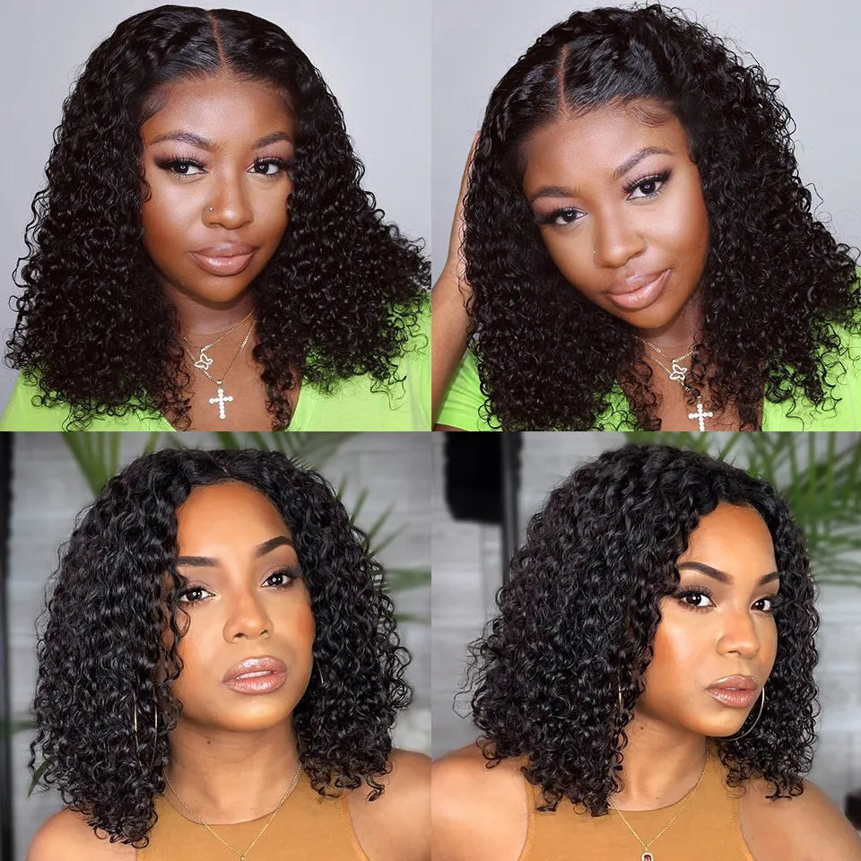 Bob Lace Wig Black Curly For Women Deep Water Curly Wave Human Hair Wigs 100% Remy Natural Hair Short Closure T Part Wig