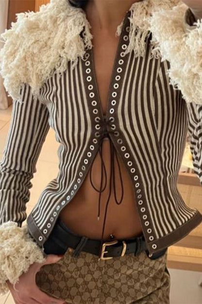 storexq Fuzzy Patchwork Smart Strappy Striped Coat