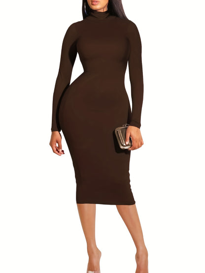 Solid High Neck Dress, Elegant Long Sleeve Bodycon Dress, Women's Clothing