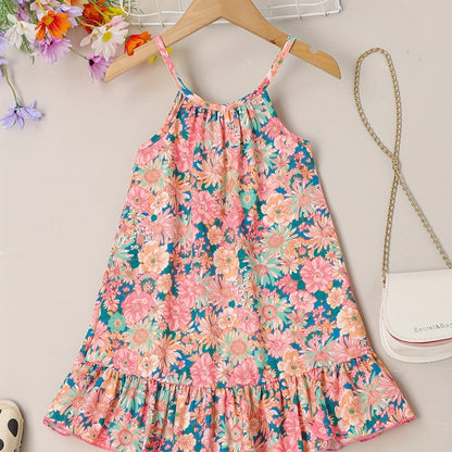 Girls Ruffle Hem Flower Graphic Cami Dress For Party Beach Vacation Kids Summer Clothes