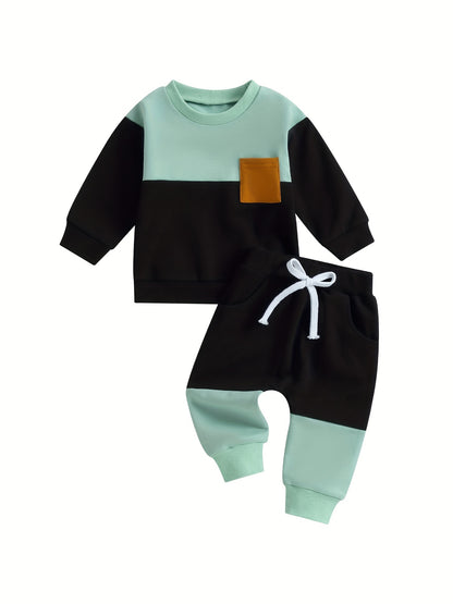 Infant Toddler Baby Boy Clothes Color Block Long Sleeve Sweatshirt Pullover Tops Jogger Pants Set Sweatsuit Fall Winter Outfits 2Pcs