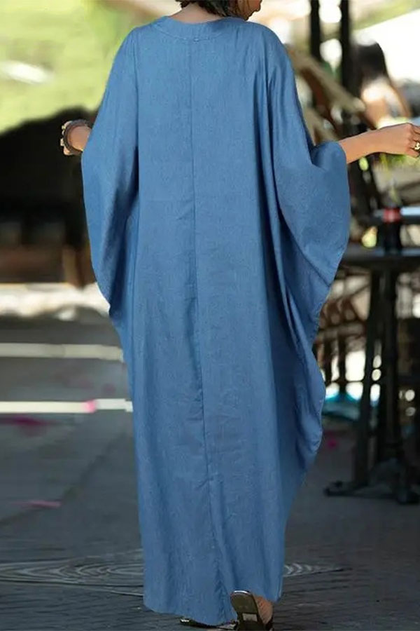 storexq Solid Color Simple Patch Pocket Denim Maxi Dress