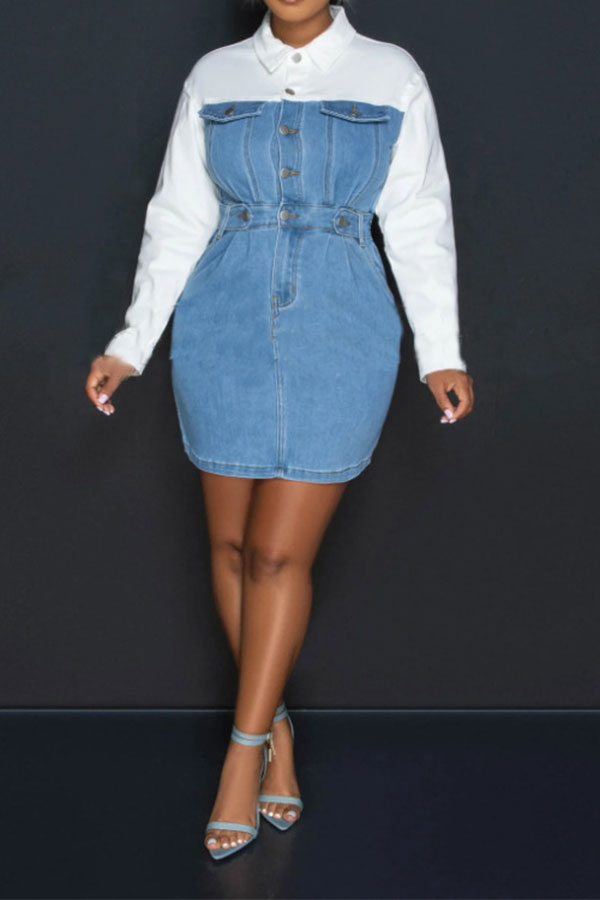 storexq Color Block Denim Patchwork On-trend Mini Dress