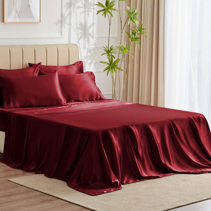 6-Piece Luxurious Satin Sheet Set - Soft, Silky Microfiber, Deep Pocket Fitted Sheet, Flat Sheet, 4 Pillowcases, Smooth, Breathable, Hypoallergenic, and Gentle on Skin